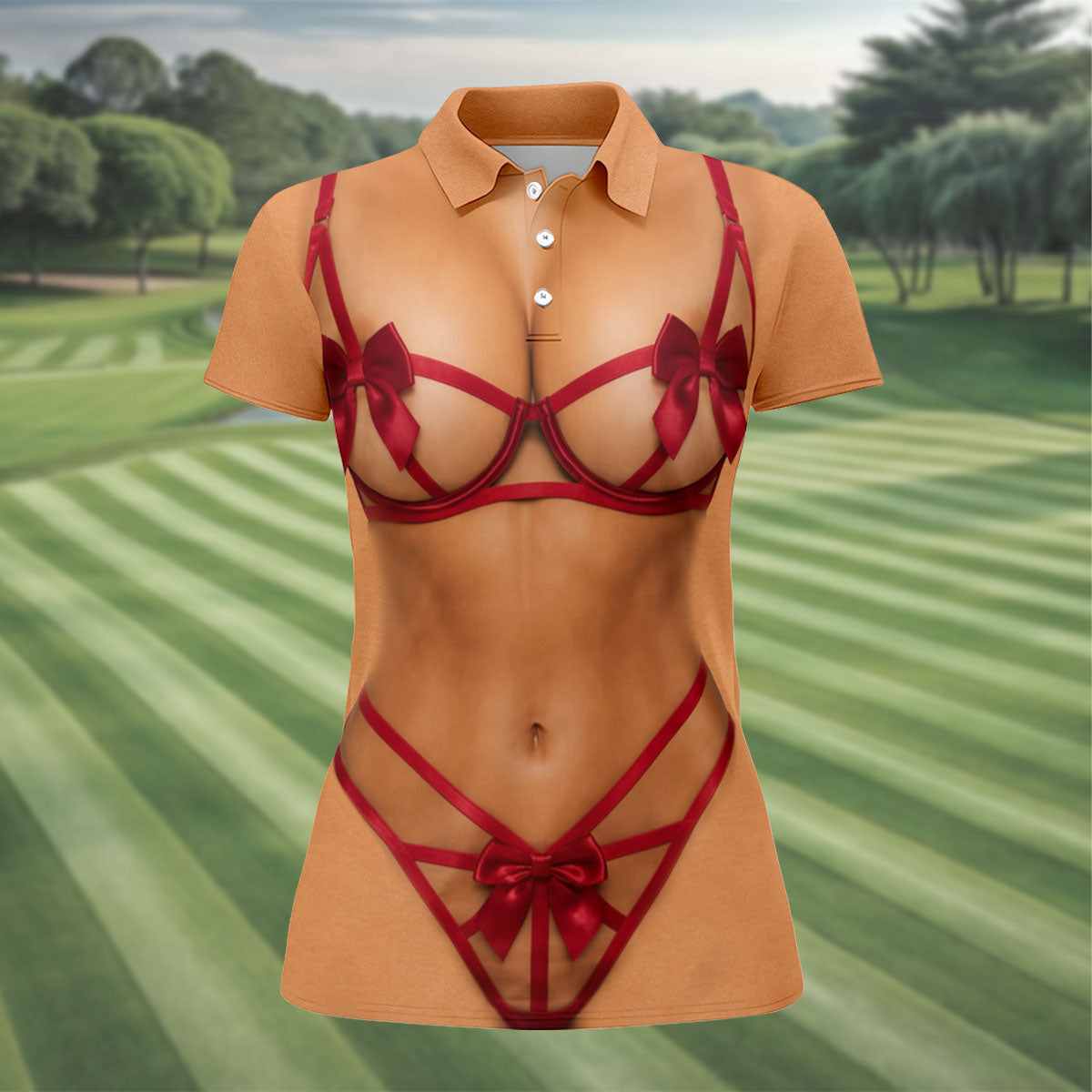 Funny Red Ribbon Lingerie Costume Polo Shirt, Ladies Golf Shirts, Women’s Golf Apparel