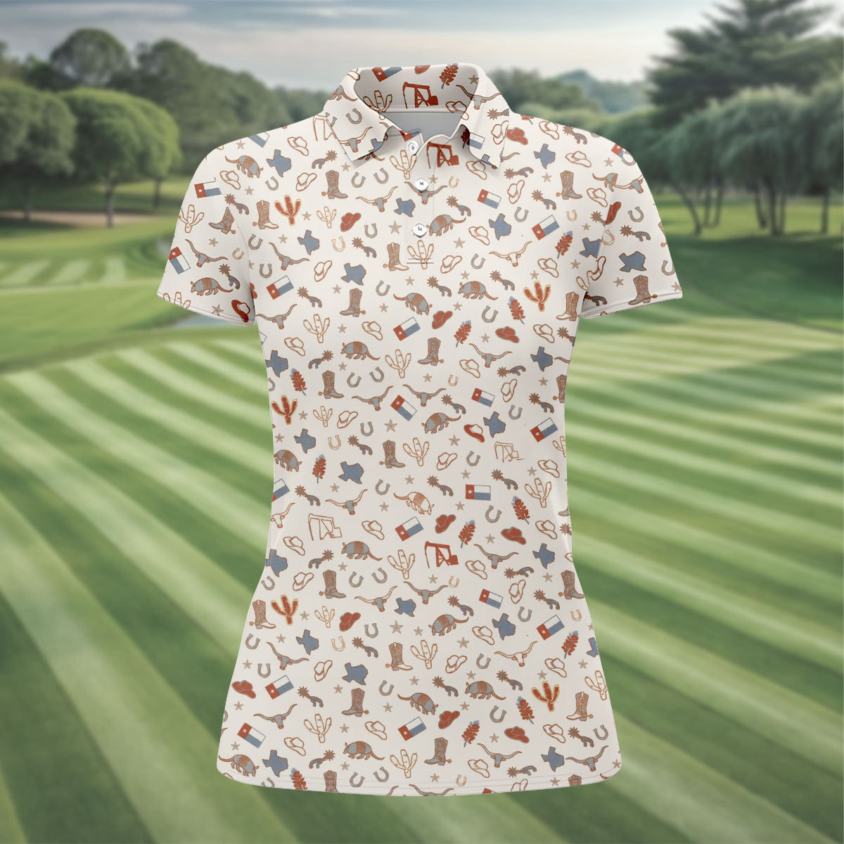Beige Texas Cowboy Pattern Golf Polo Shirt, Golf Shirts For Women, Hawaiian Golf Shirt
