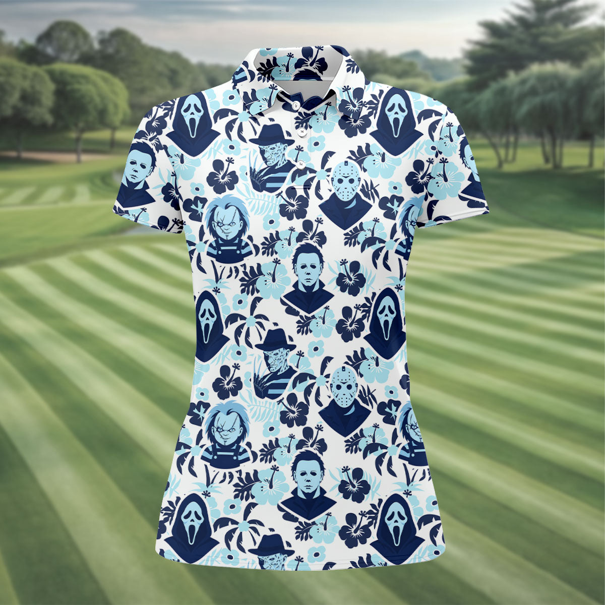 Blue Tropical Horror Character Halloween Golf Shirt, Women's Golf Apparel, Printed Golf Shirt