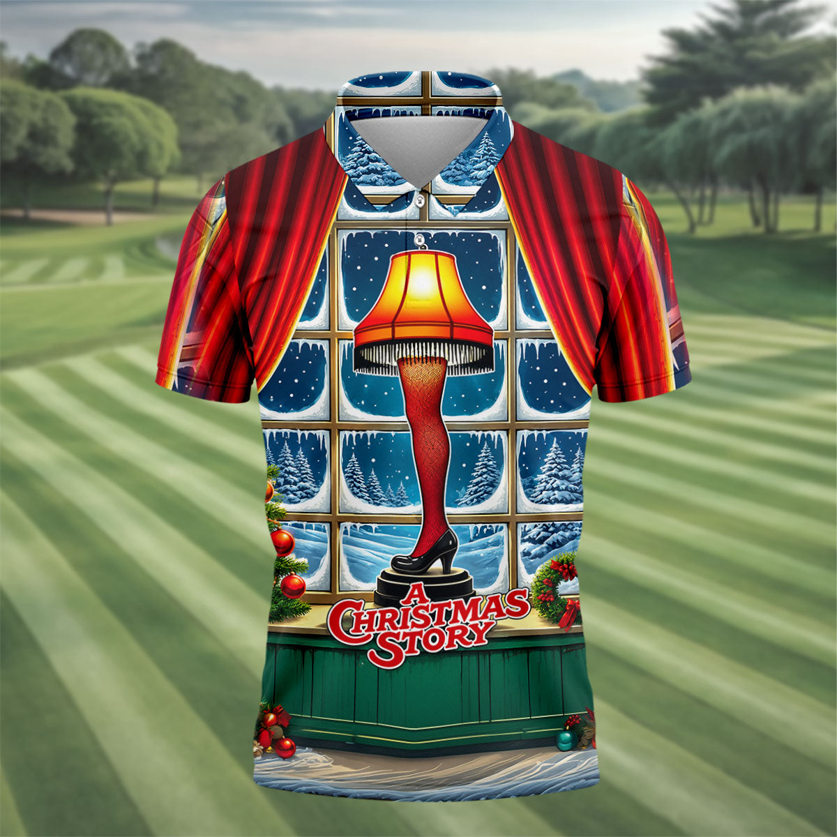 Funny Christmas Leg Lamp Window Golf Polo Shirt, Mens Golf Polo, Golf Apparel For Men