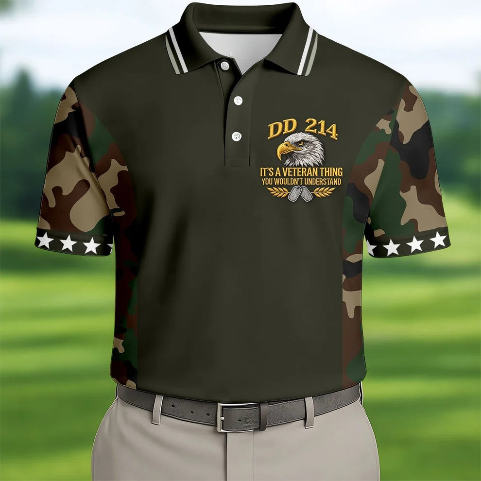DD-214 Eagle Olive Green Camo Polo Shirt, Veterans Day Golf Shirt, Mens Golf Apparel