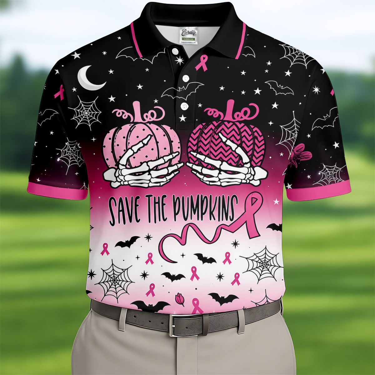 Save The Pumpkins Halloween Breast Cancer Polo Shirt, Mens Golf Polo, Mens Golf Shirts