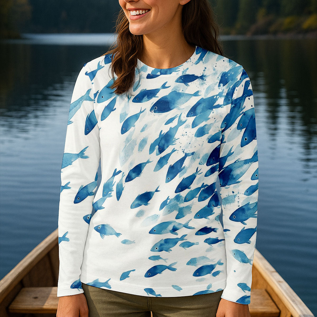 Flowing Fish White And Blue Fishing UPF Shirts, Minimal Watercolor Fishing Shirt For Women