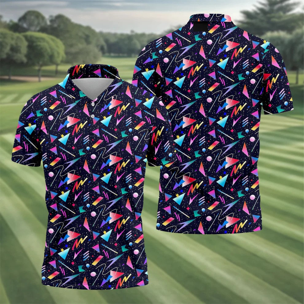 Retro Memphis Geometric Pattern Golf Polo Shirt, Men's Golf Polo, Golf Polo Shirts For Men