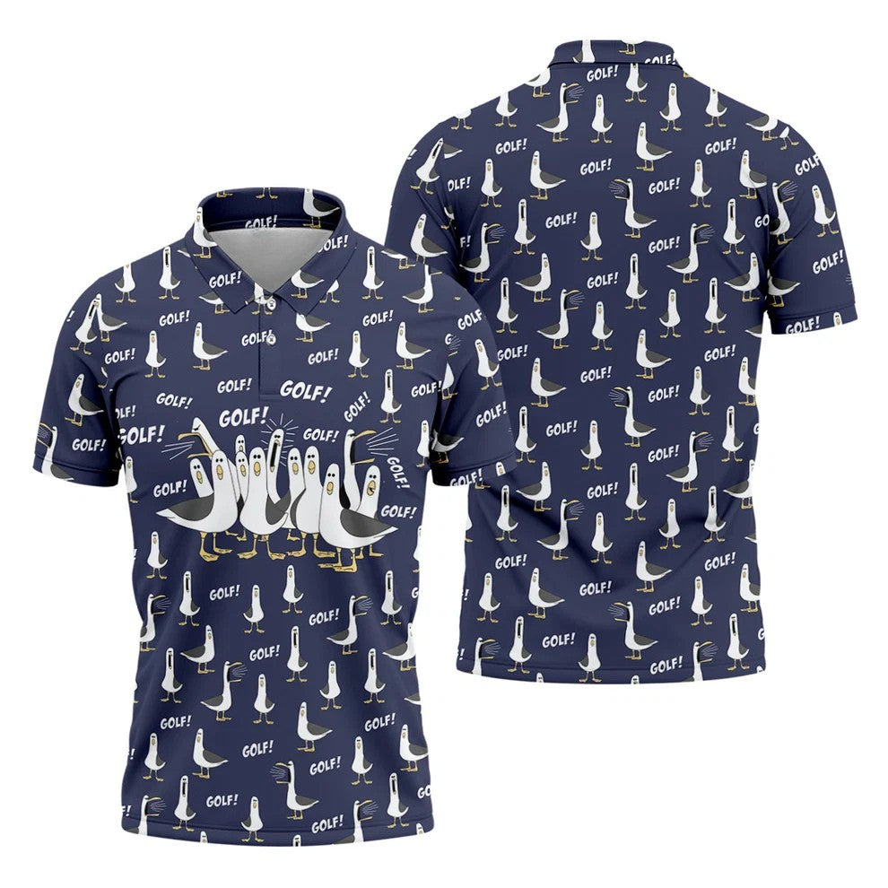 Funny Seagull Halloween Golf Shirt, Cartoon Bird Pattern, Mens Golf Apparel, Hawaiian Golf Shirt