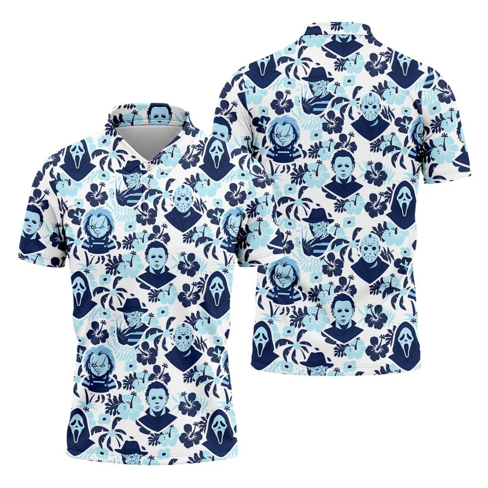 Blue Tropical Horror Character Halloween Golf Shirt, Mens Golf Apparel, Hawaiian Golf Shirt