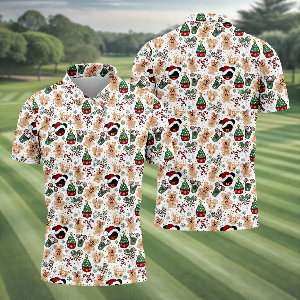Christmas Sweets Pattern Golf Tops For Men, Cartoon Print Polo Shirts For Men, Christmas Golf Shirt, Golfing Apparel