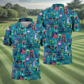 Retro Haunted House Halloween Golf Polo Shirt, Horror Character Shirt, Golf Shirts For Men