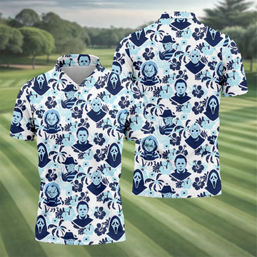 Blue Tropical Horror Character Halloween Golf Shirt, Mens Golf Apparel, Hawaiian Golf Shirt