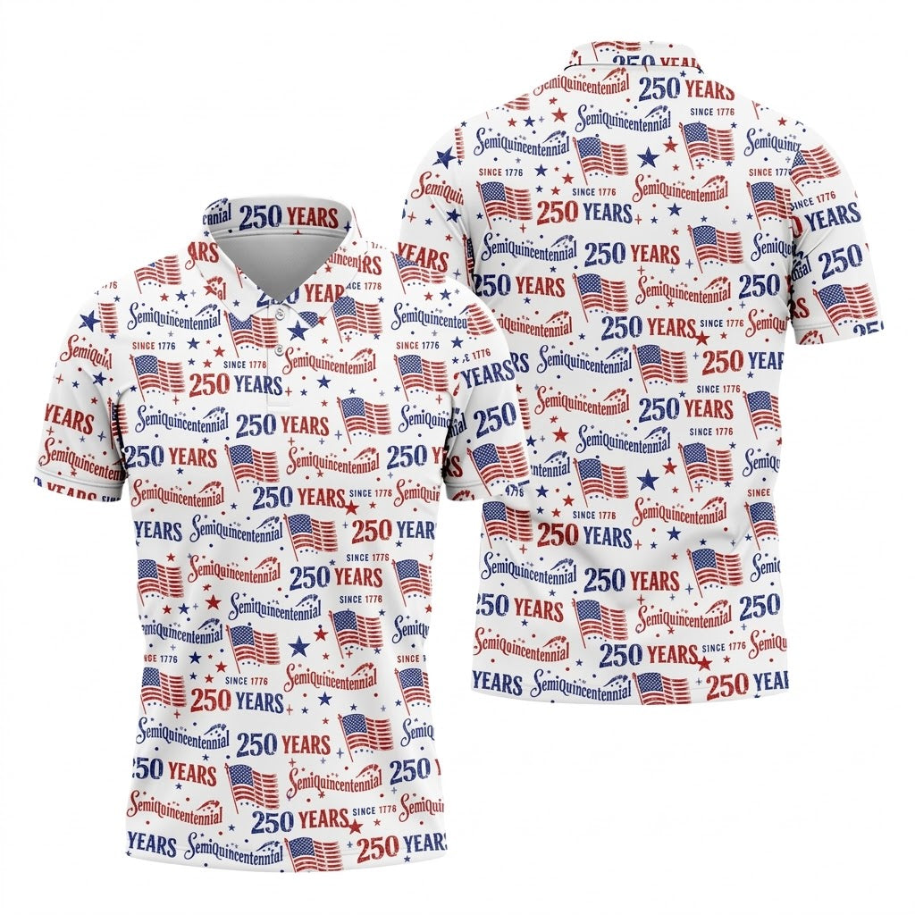 Semiquincentennial 250 Years Distressed American Flag Golf Shirt, Patriotic 4th Of July Golf Shirts For Men
