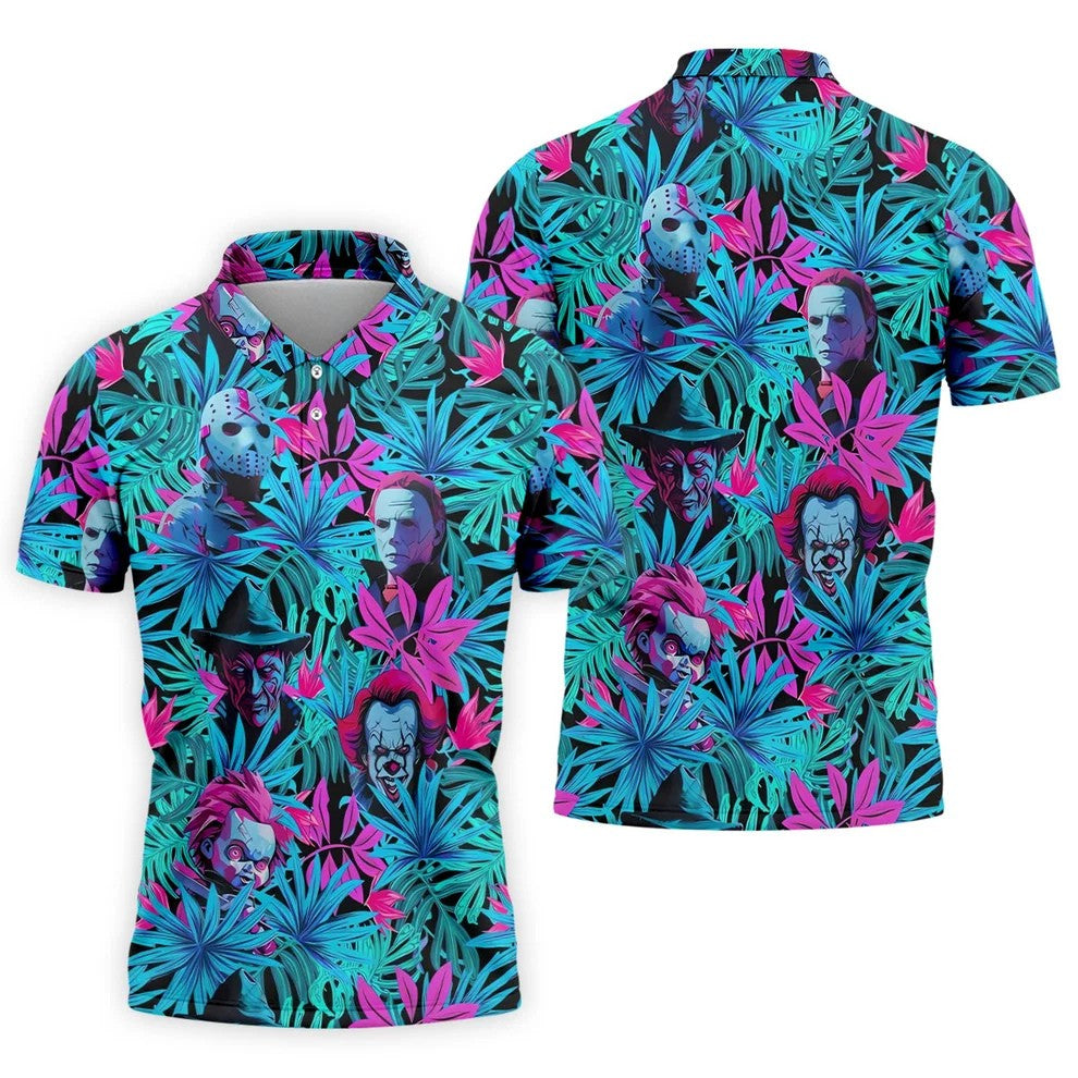 Neon Halloween Horror Character Hawaiian Golf Shirt, Men's Golf Shirt, Printed Golf Polo Shirt