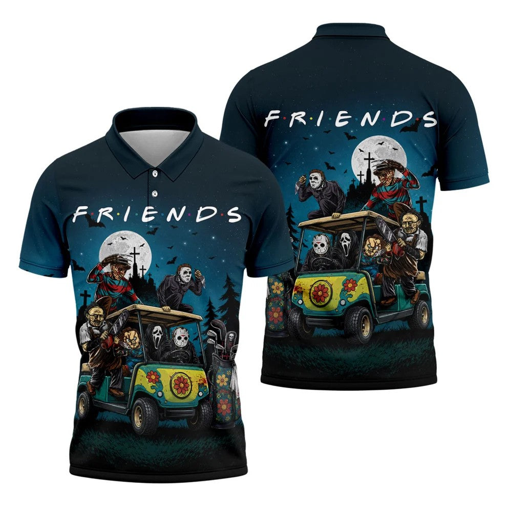 Horror Character Golf Cart Polo Shirt, Halloween Golf Shirt, Mens Halloween Golf Shirt