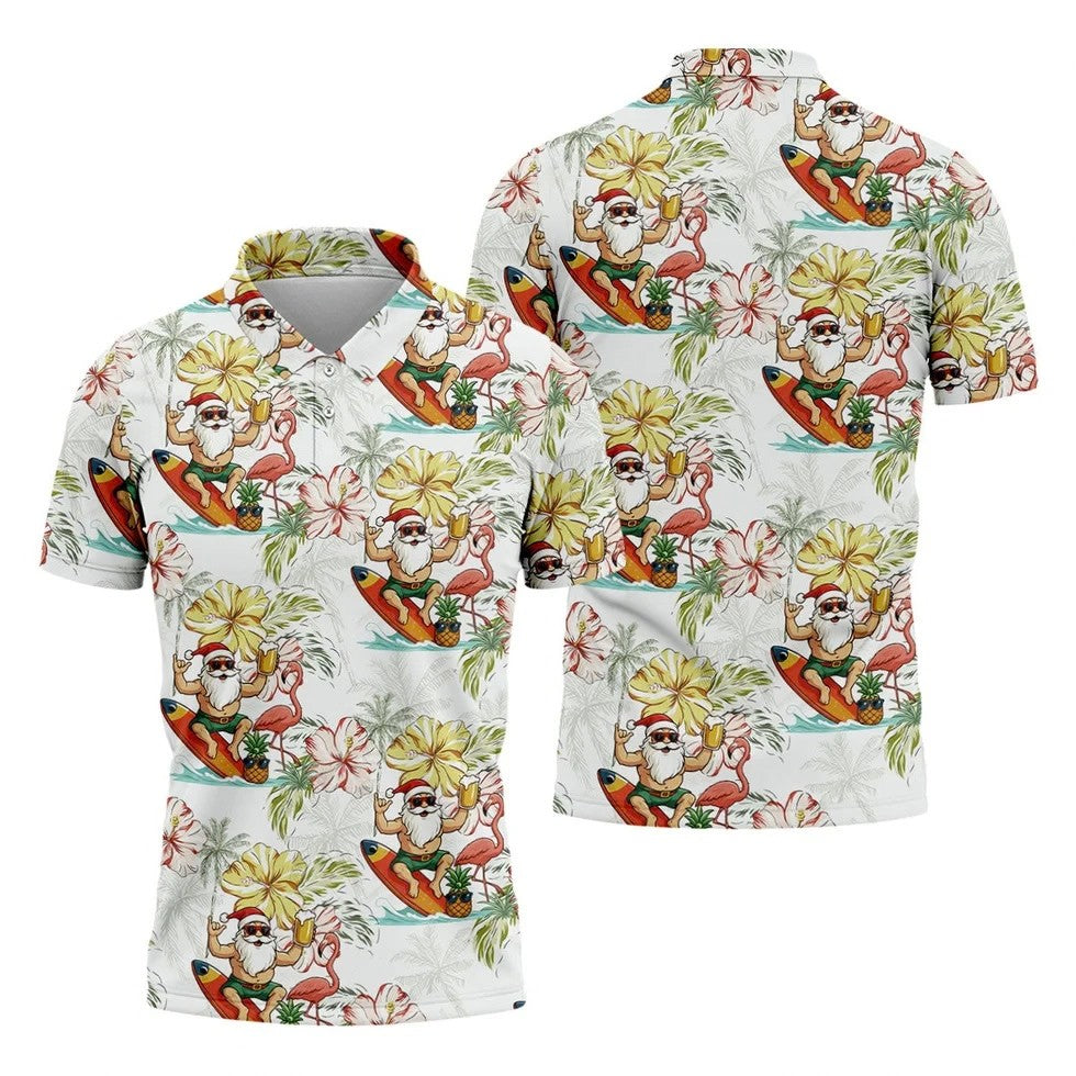 Surfing Santa Hawaiian Golf Shirt, Fun Men's Golf Polos, Christmas Golf Shirt, Golf Gift For Men
