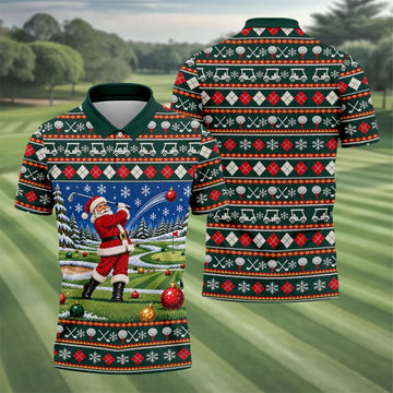 Santa Swing Fair Isle Christmas Golf Shirt, Mens Golf Shirts, Funny Mens Golf Shirts