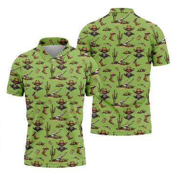Cowboy Skeleton Longhorn Cow Skull Western Theme Sage Green Golf Tops For Men, Golf Shirts For Men