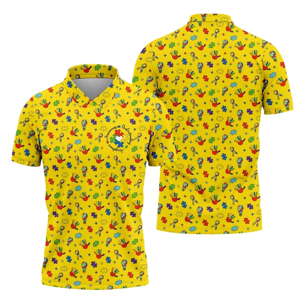 Awareness Understanding Acceptance Autism Ribbon Yellow Golf Shirt, Autism Awareness Colors Golf Shirts For Men