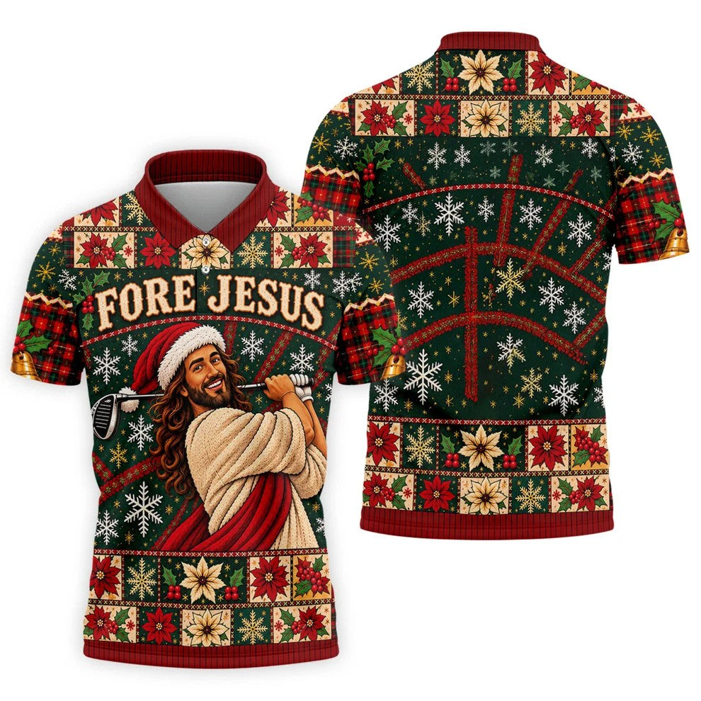 Fore Jesus Santa Hat Christmas Golf Shirt, Mens Golf Shirts, Mens Holiday Golf Shirts