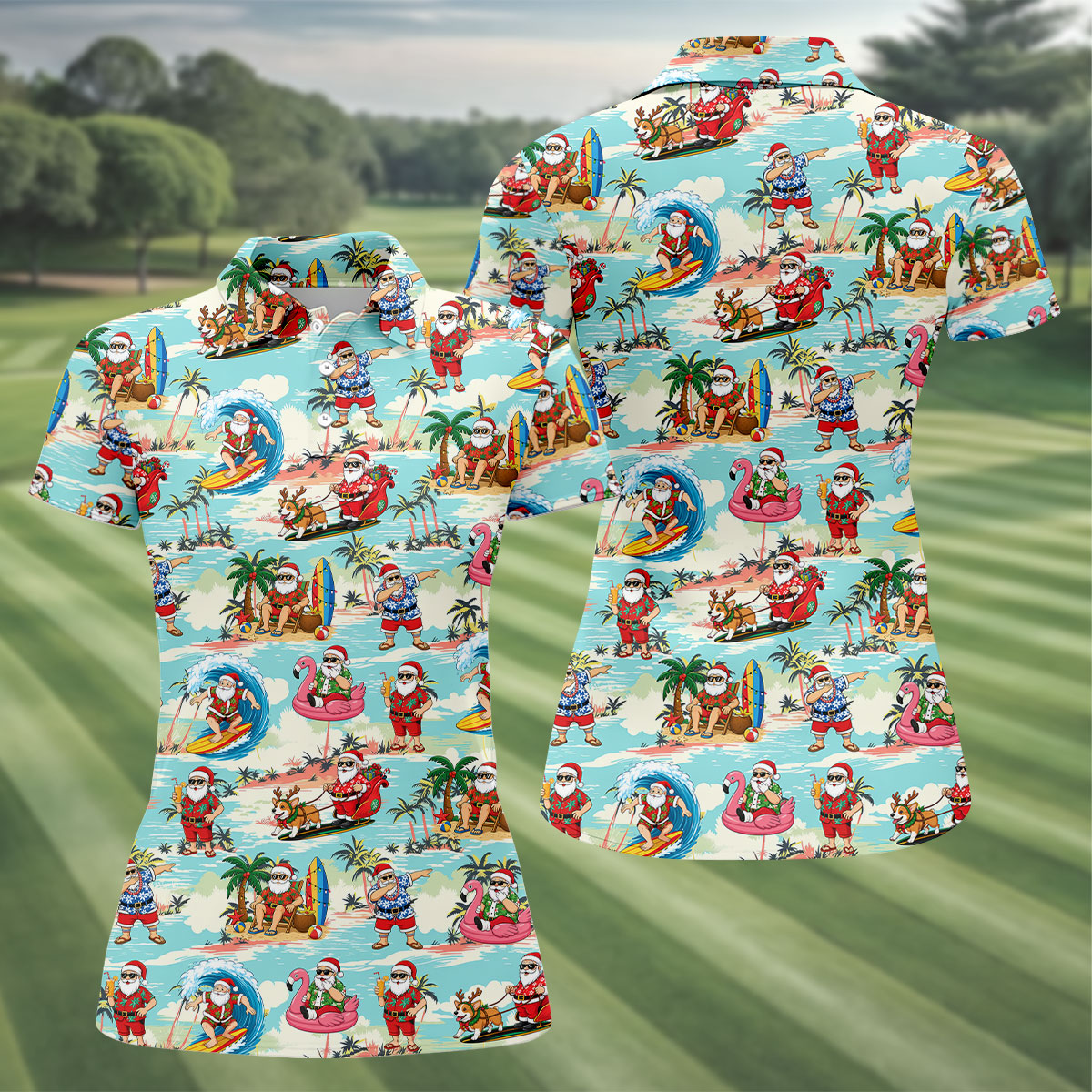 Funny Tropical Santa Beach Christmas Polo Shirt, Womens Golf Polo, Hawaiian Golf Shirt