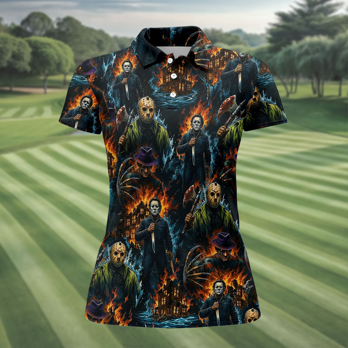 Horror Character Fire Collage Halloween Polo Shirt, Women’s Golf Polo, Golf Tops For Women