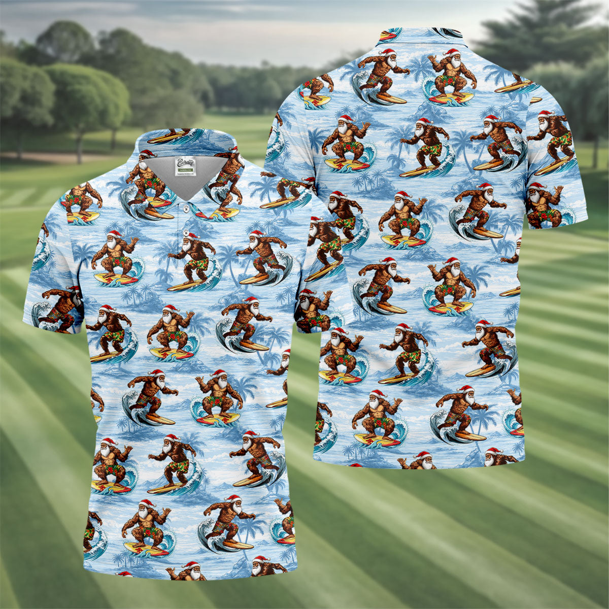 Funny Surfing Santa Bigfoot Christmas Polo Shirt, Mens Golf Polo, Hawaiian Golf Shirt