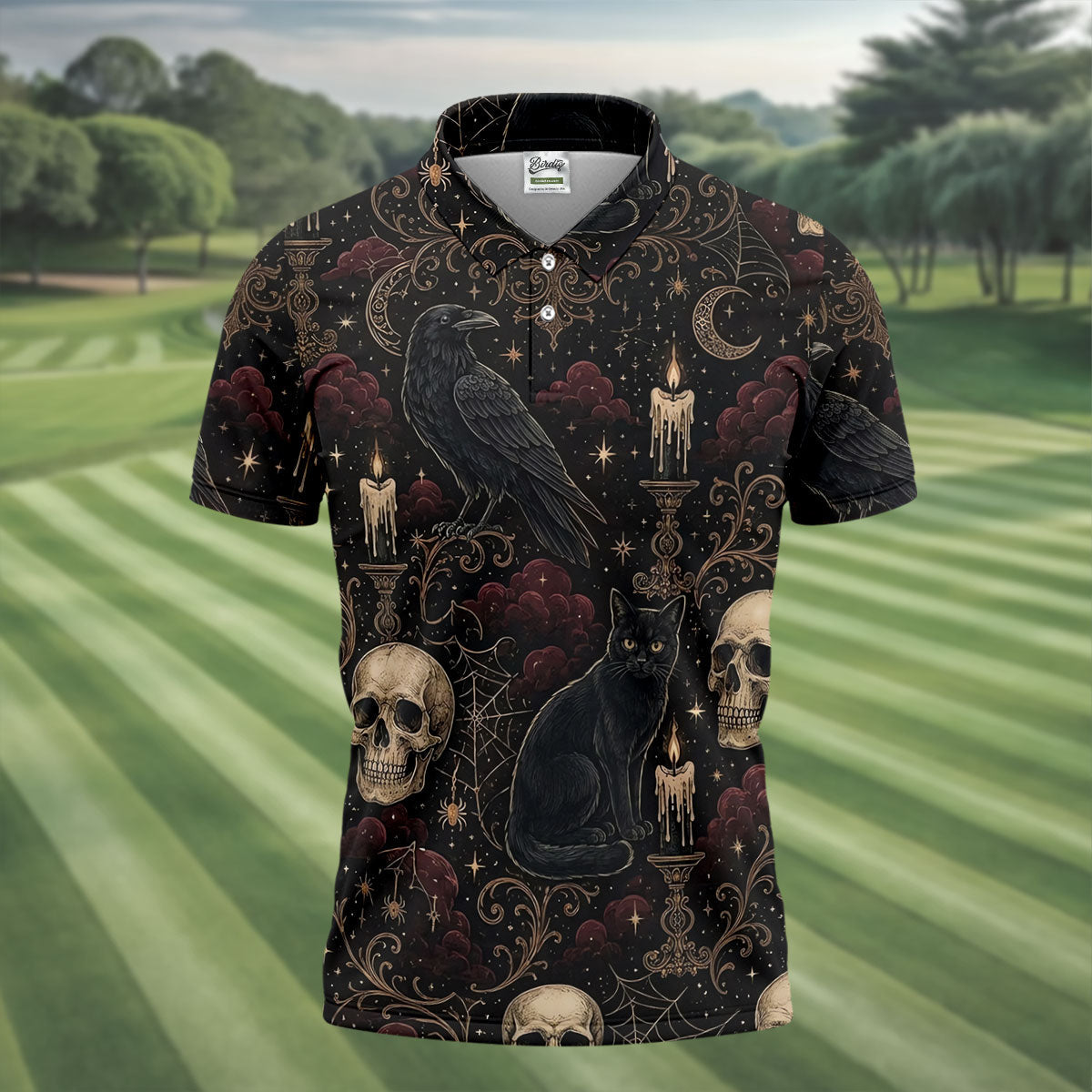 Gothic Raven Black Cat Skull Halloween Polo Shirt, Golf Shirts For Men, Mens Golf Apparel