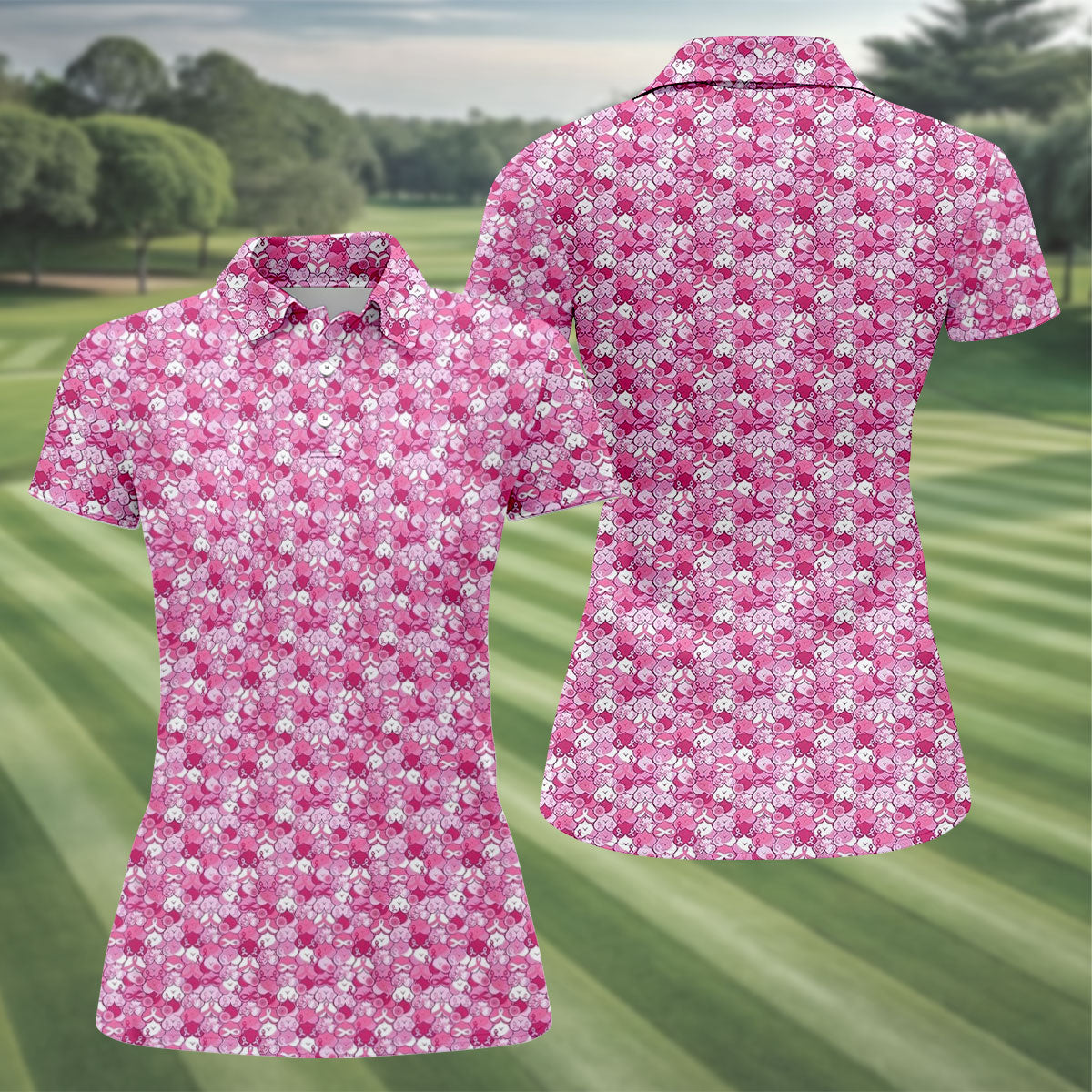 Pink Breast Cancer Hearts And Ribbons Polo Shirt, Golf Tops For Women, Women’s Golf Polo