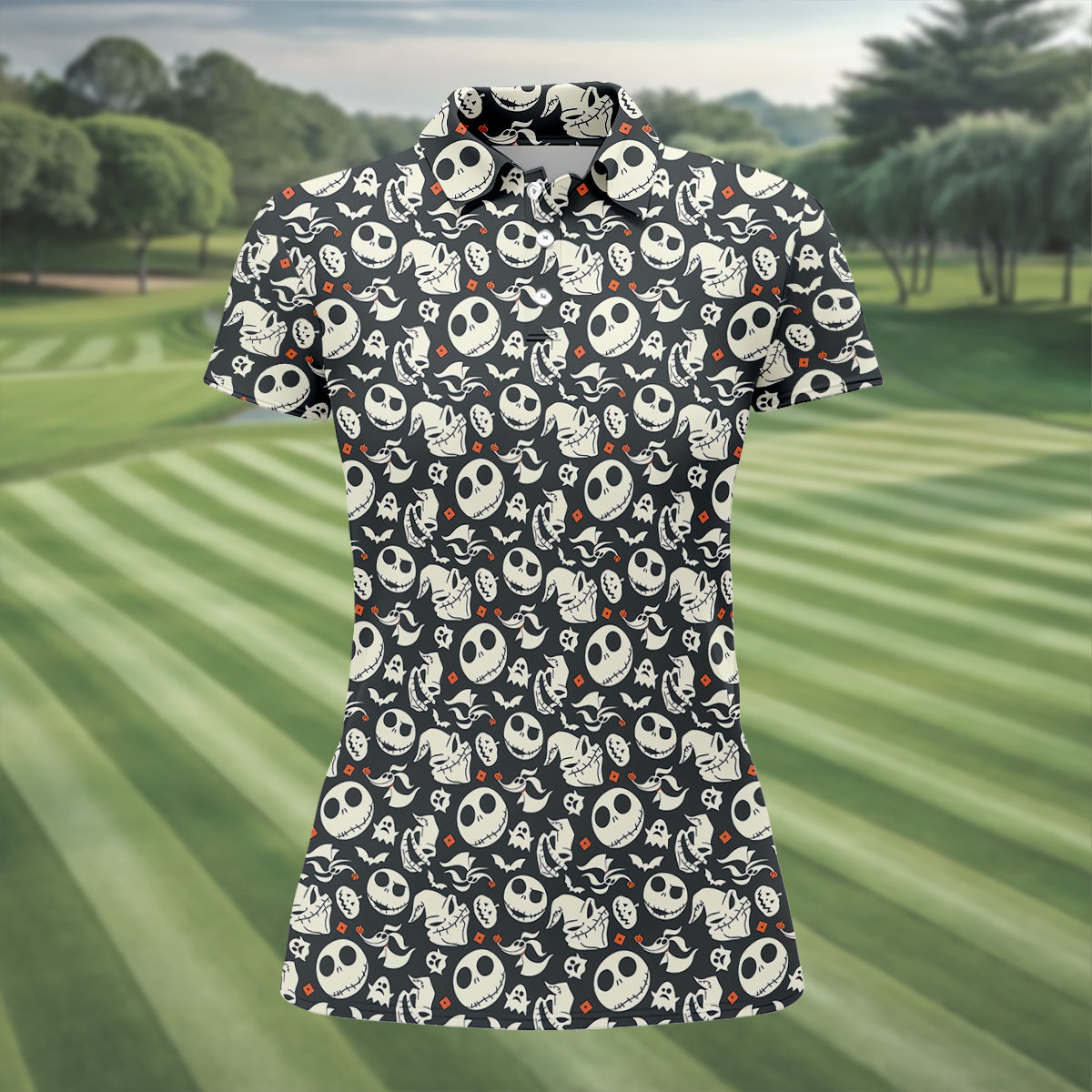 Nightmare Skull Women's Golf Tops, Horror Pattern Ladies Golf Polos, Halloween Golf Shirt