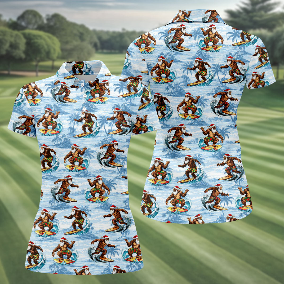 Funny Surfing Santa Bigfoot Christmas Polo Shirt, Womens Golf Polo, Hawaiian Golf Shirt