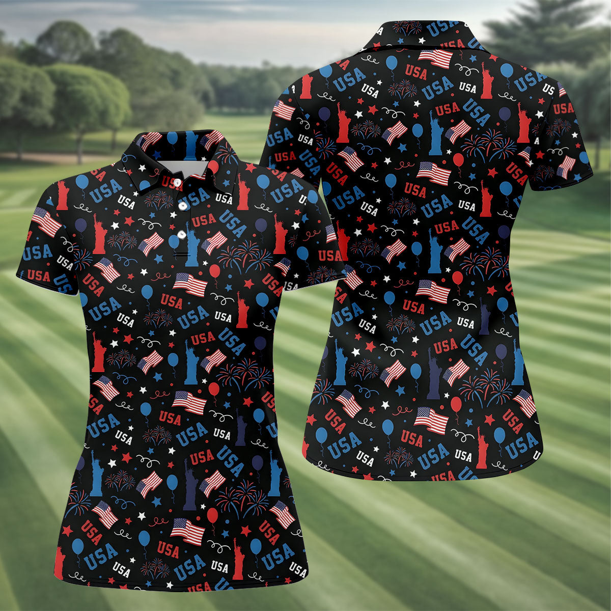 USA Red White Blue Seamless Pattern Black Golf Shirt, 250th Anniversary Patriotic 4th Of July Golf Shirt For Women
