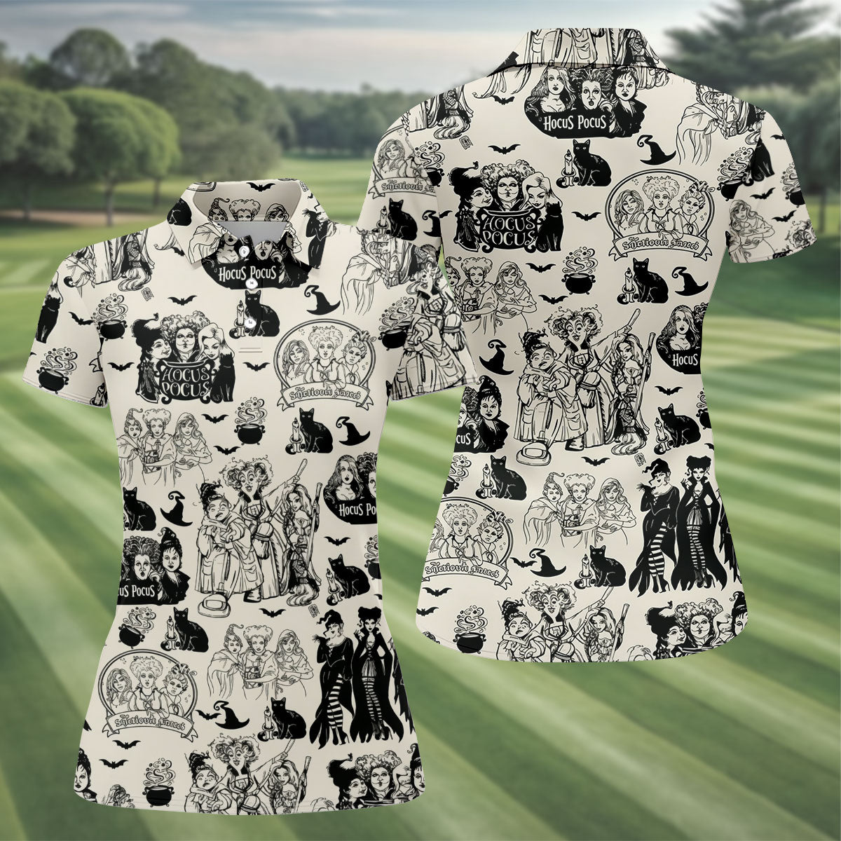 Witch Sisters Black Cat Halloween Polo Shirt, Golf Tops For Women, Women’s Golf Apparel