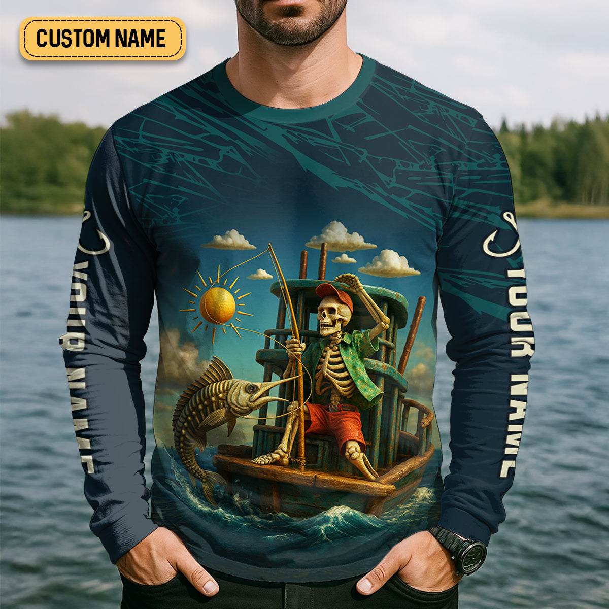 Born To Fish Forced To Work Funny Skeleton Fishing UPF Shirts, Presents For Fishermen, Men's Fishing Shirt