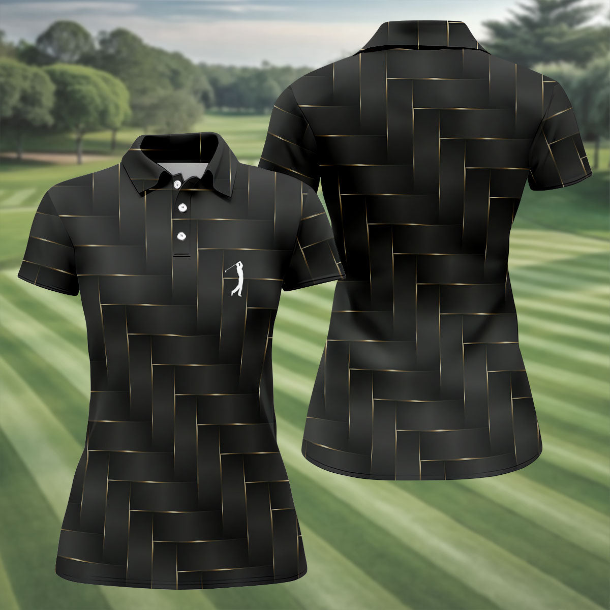 Black And Gold Geometric 3D Pattern Women's Golf Tops, Golf Shirt For Women, Ladies Golf Shirts