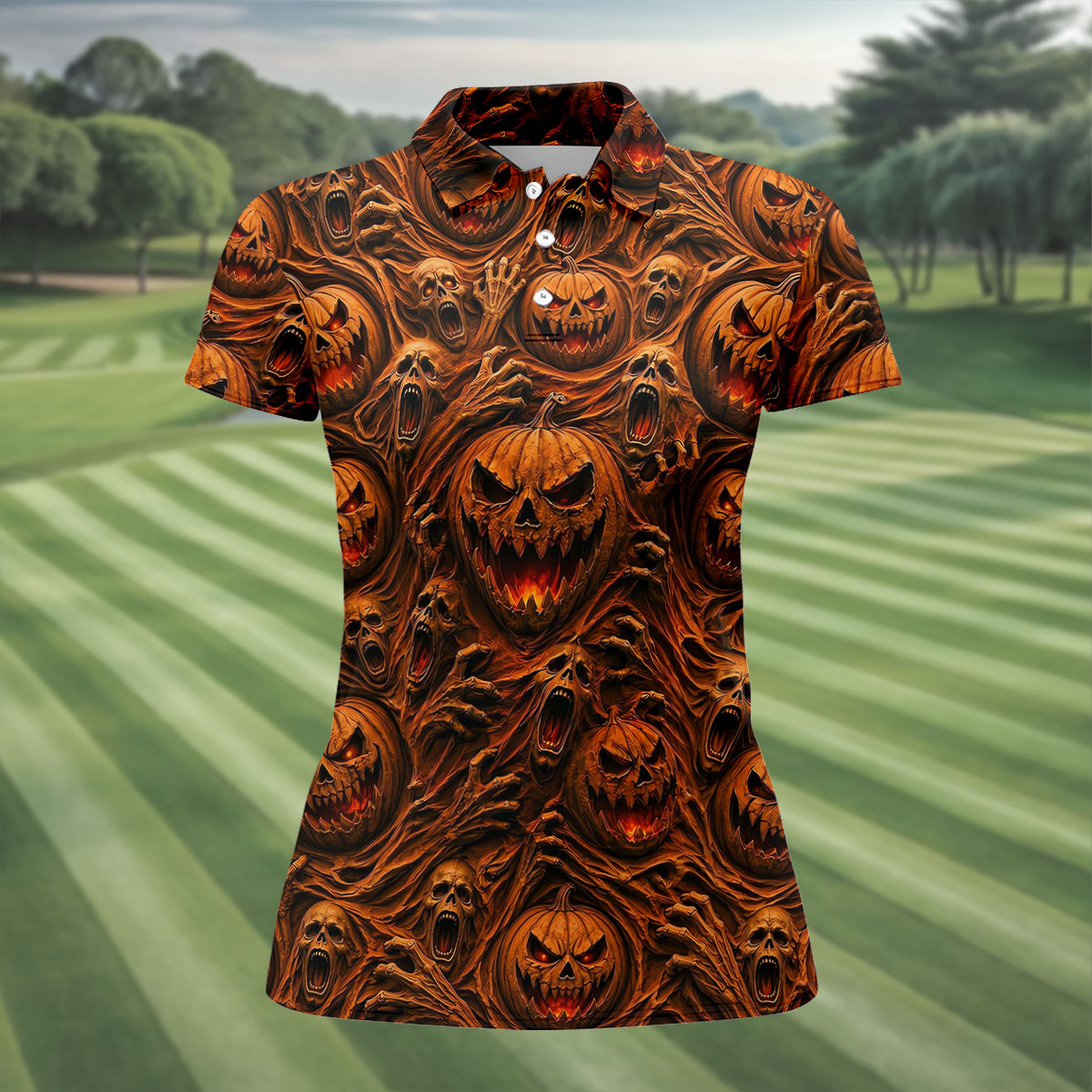 Halloween Evil Pumpkin Ghost Horror Character Polo Shirt, Golf Polo, Womens Golf Tops