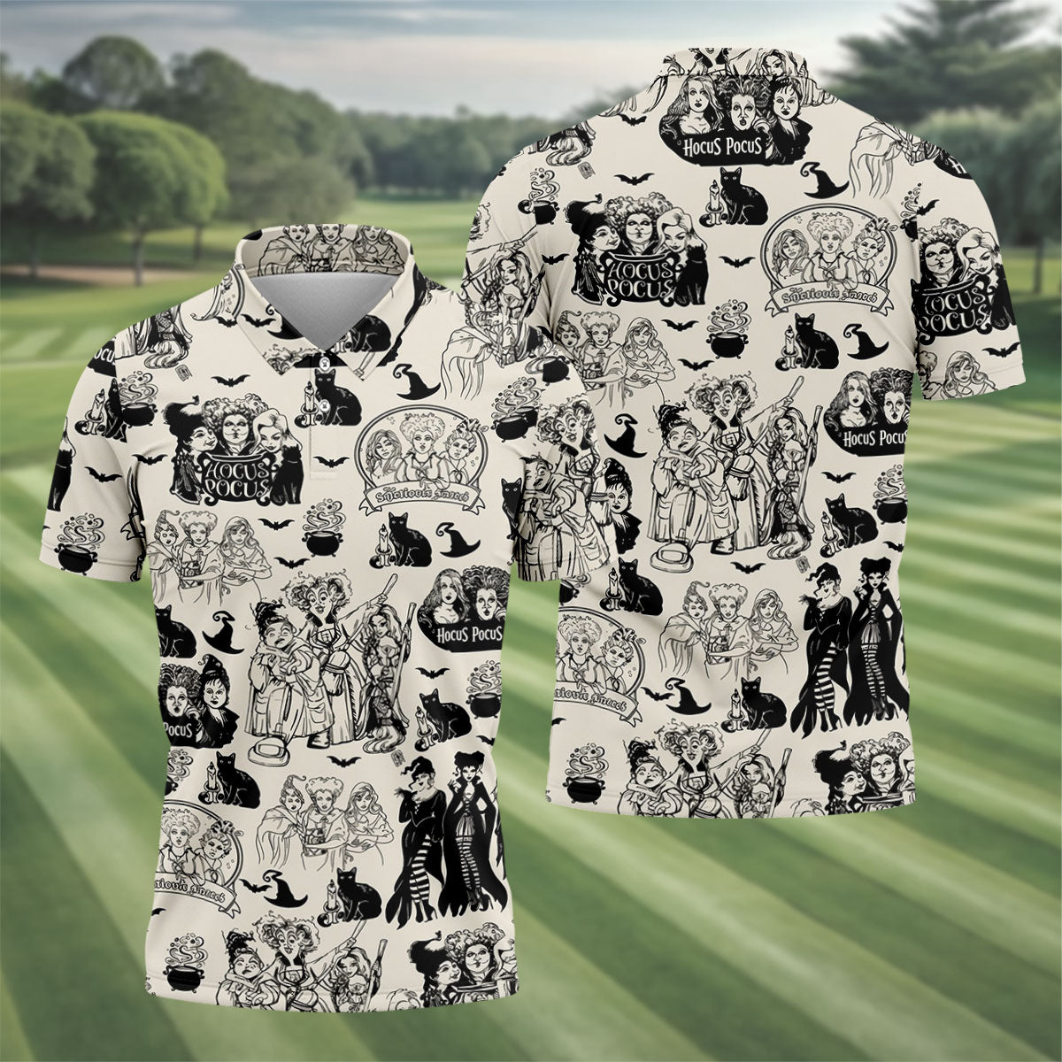 Witch Sisters Black Cat Halloween Polo Shirt, Golf Polo Shirts For Men, Mens Golf Apparel