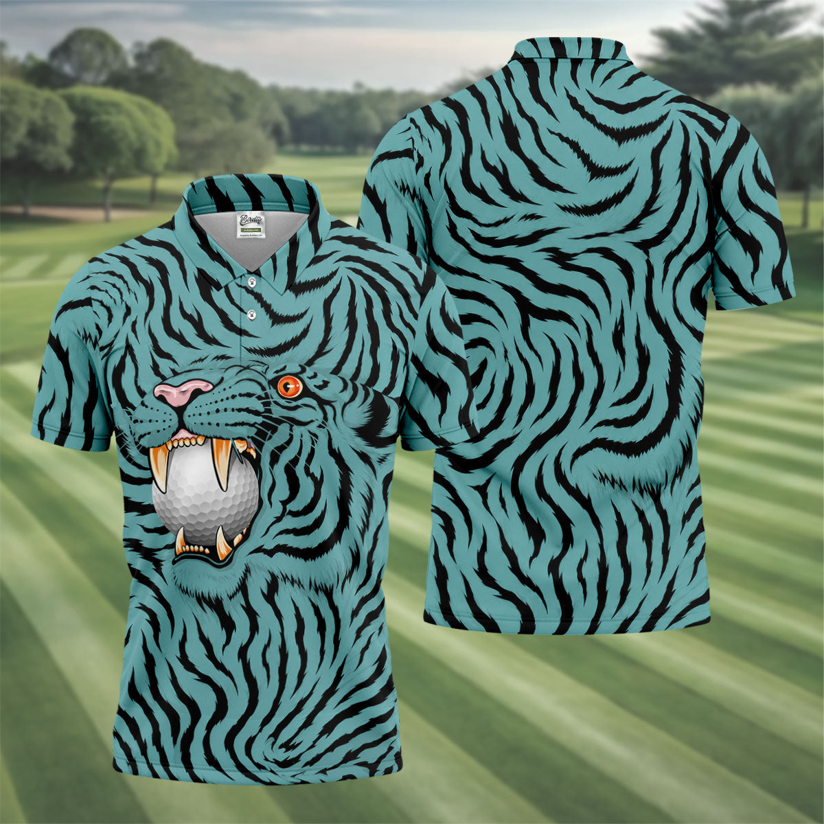 Funny Striped Tiger Biting Golf Ball Polo Shirt, Polo Shirts For Men, Mens Golf Apparel