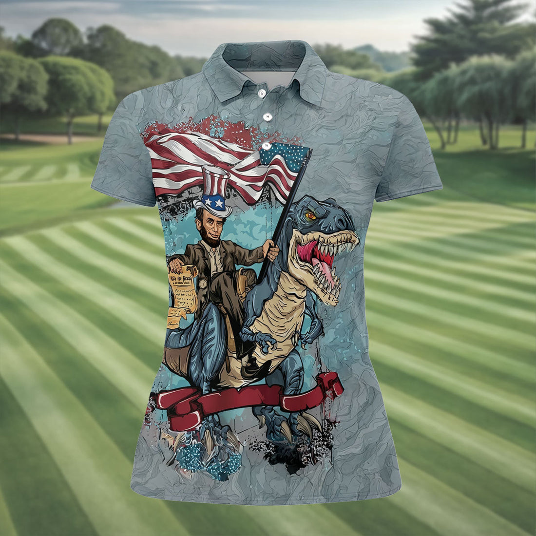 T-Rex Dinosaur US Flag Pattern 4th Of July Golf Shirt, Patriotic 250 Years Golf Shirt For Women