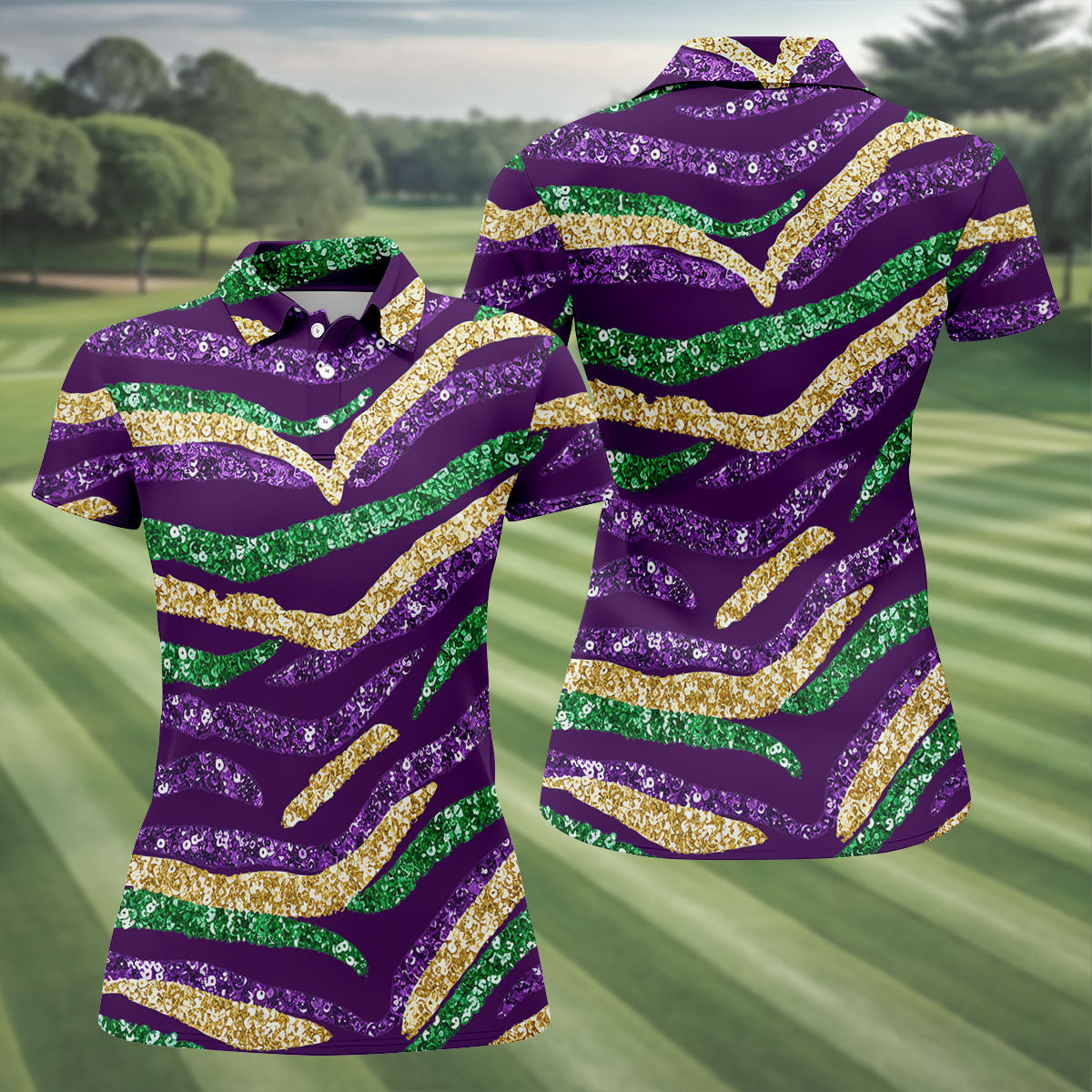 Purple Green Gold Sequin Pattern Purple Golf Shirt, Mardi Gras Golf Shirt, Women's Golf Tops, Ladies Golf Shirts