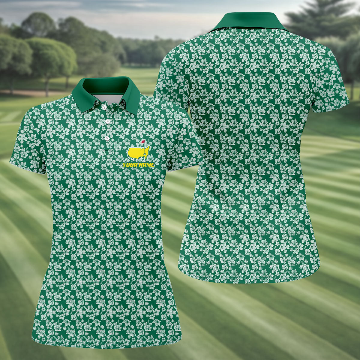 Floral Silhouette Green And White Women's Golf Tops, Ladies Golf Shirts, Women's Polo Shirt