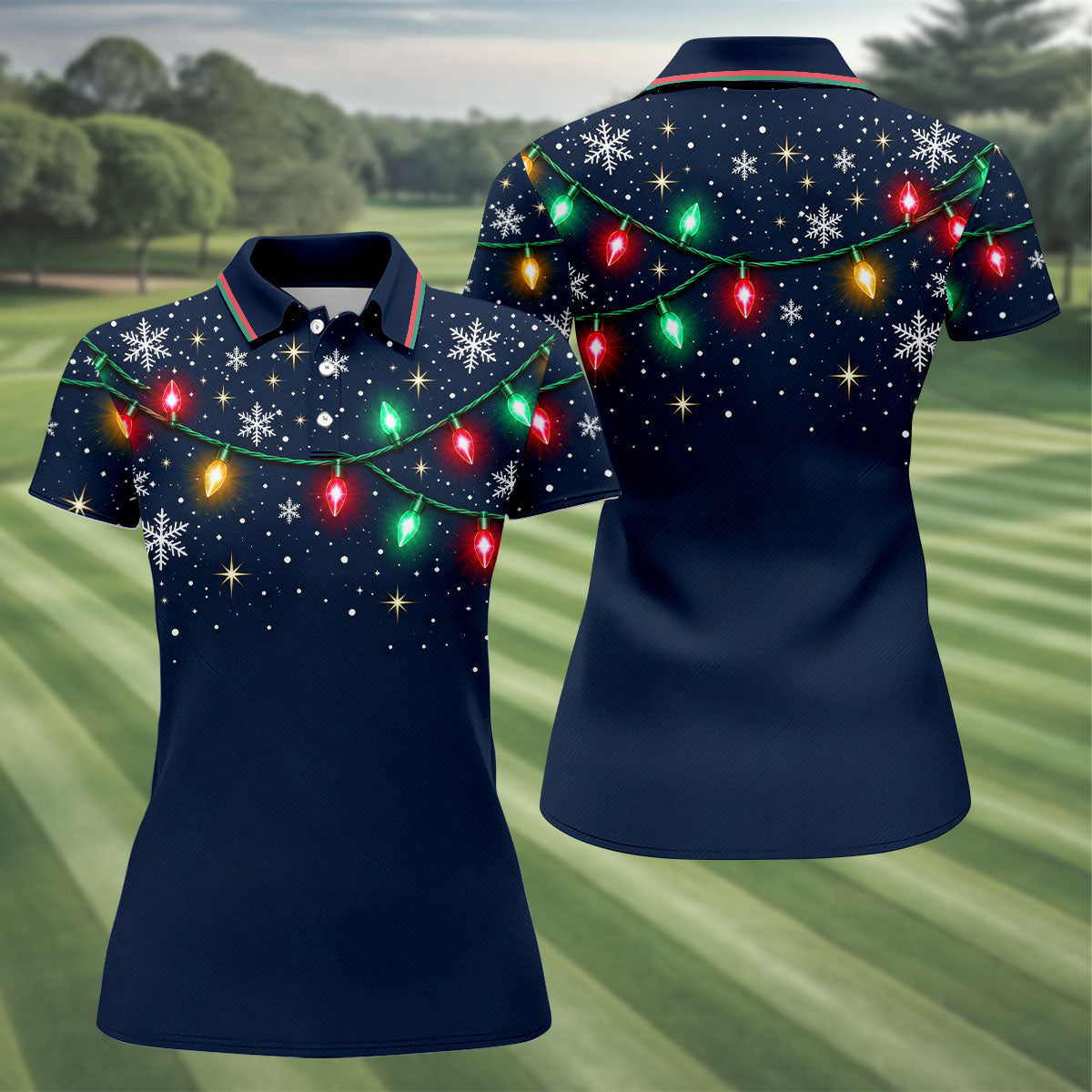 String Lights Snowflake Christmas Golf Shirt, Ladies Golf Shirts, Golf Tops For Women
