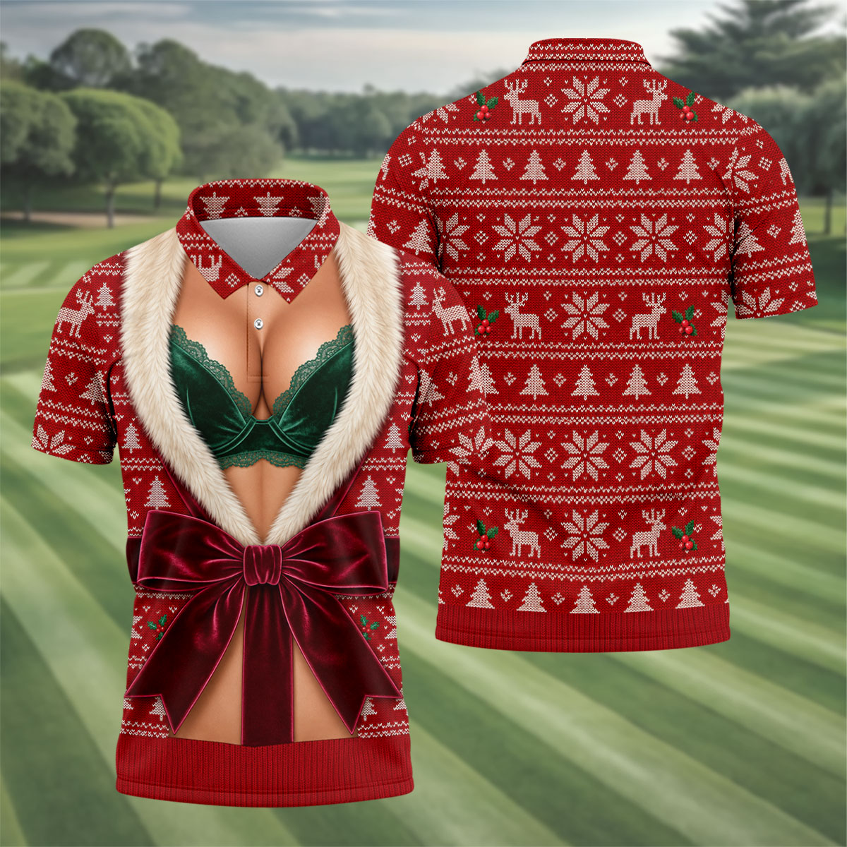 Funny Festive Christmas Costume Polo Shirt, Mens Golf Polo, Golf Apparel For Men