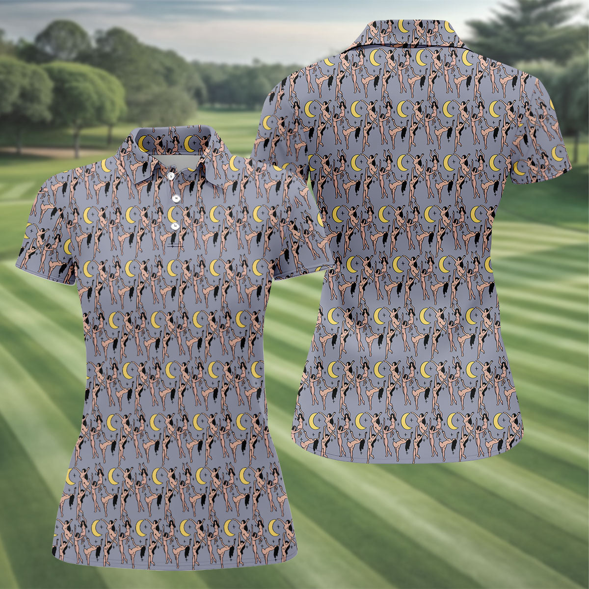 Dancing Figures Moon And Stars Pattern Polo Shirt, Womens Golf Tops, Golf Shirts For Women