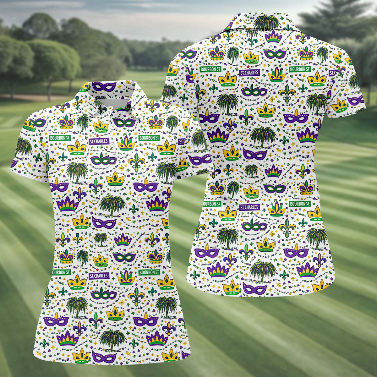 Crown Mask Fleur De Lis Mardi Gras Golf Shirt, Women's Golf Shirts, Ladies Golf Polos, Golf Shirt For Women
