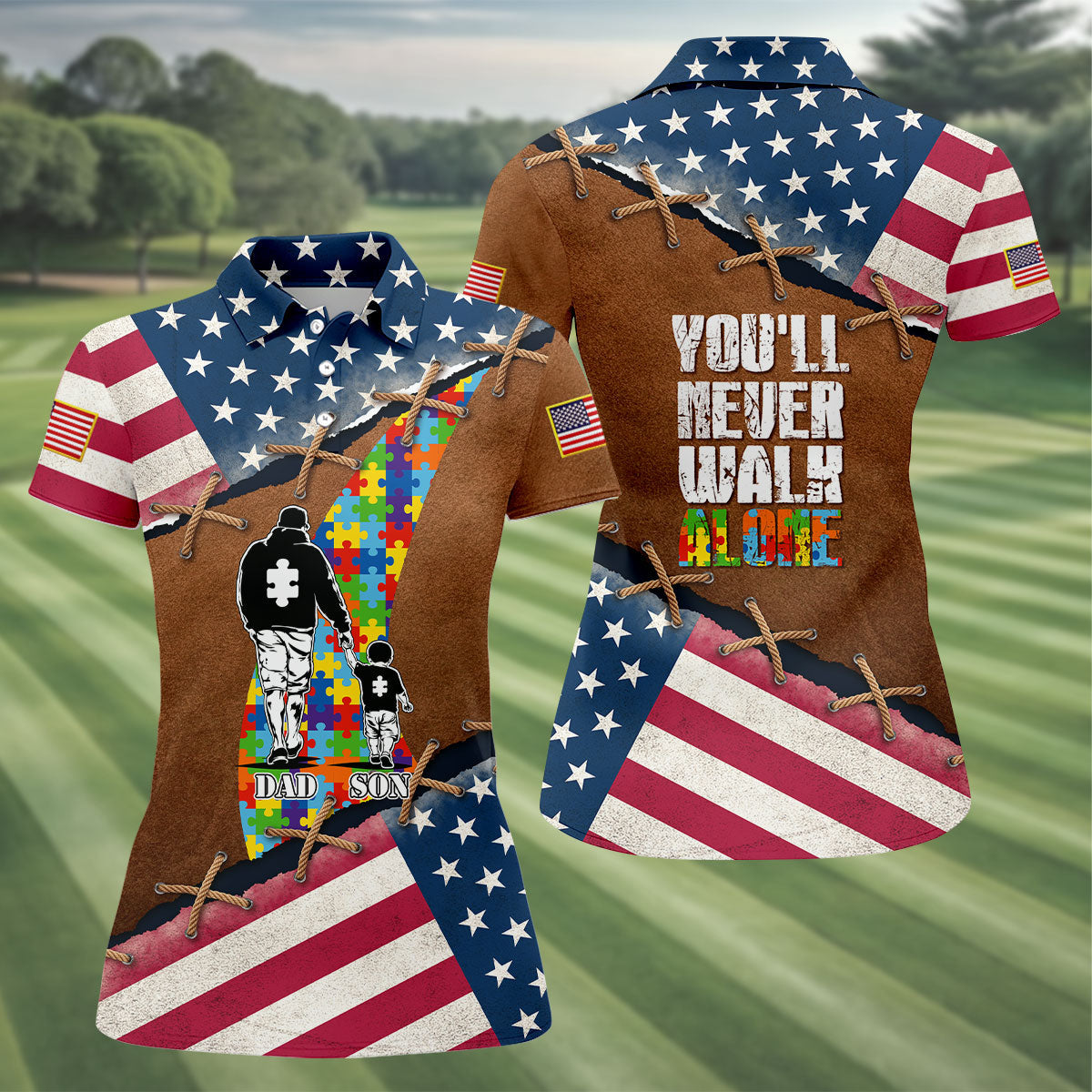 You'll Never Walk Alone Autism Awareness Patriotic Golf Shirt, Golf Shirt For Women, Ladies Golf Shirts