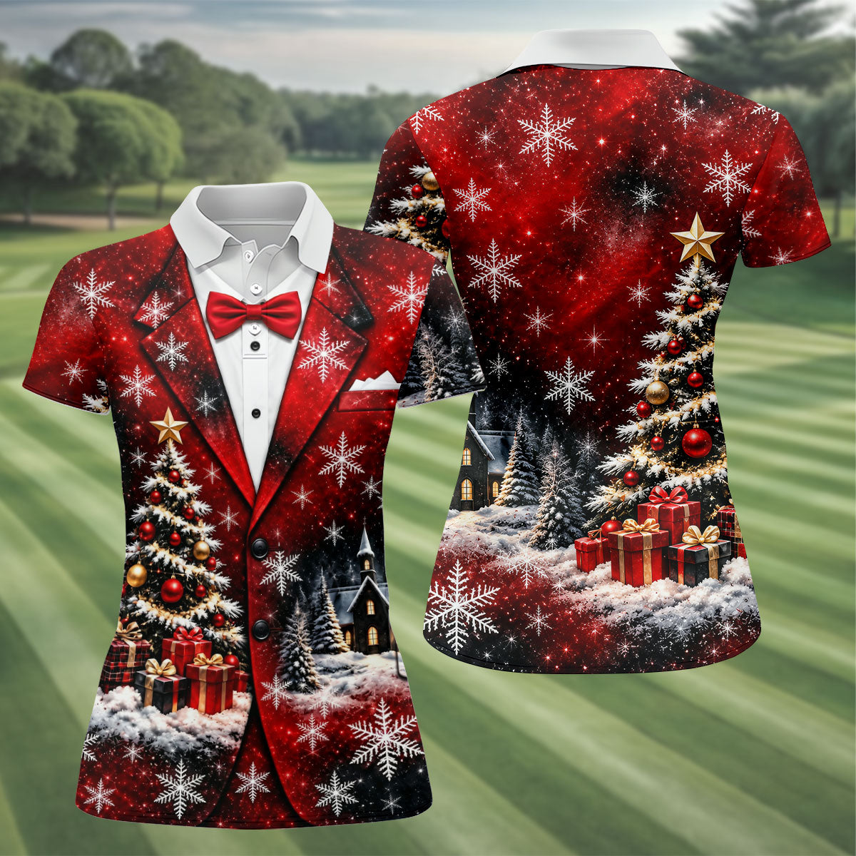 Tuxedo Tree Snowflakes Christmas Golf Shirt, Ladies Golf Shirts, Golf Tops For Women