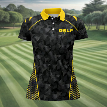Abstract Triangle Black Yellow Ladies Golf Tops, Golf Shirt For Women, Golfing Apparel