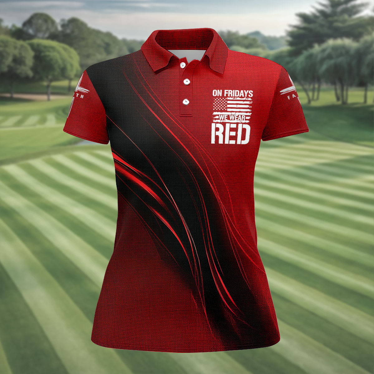 On Friday We Wear Red Faith Cross Red Black Gradient Patriotic Golf Shirt, 250 Years Golf Shirt For Women