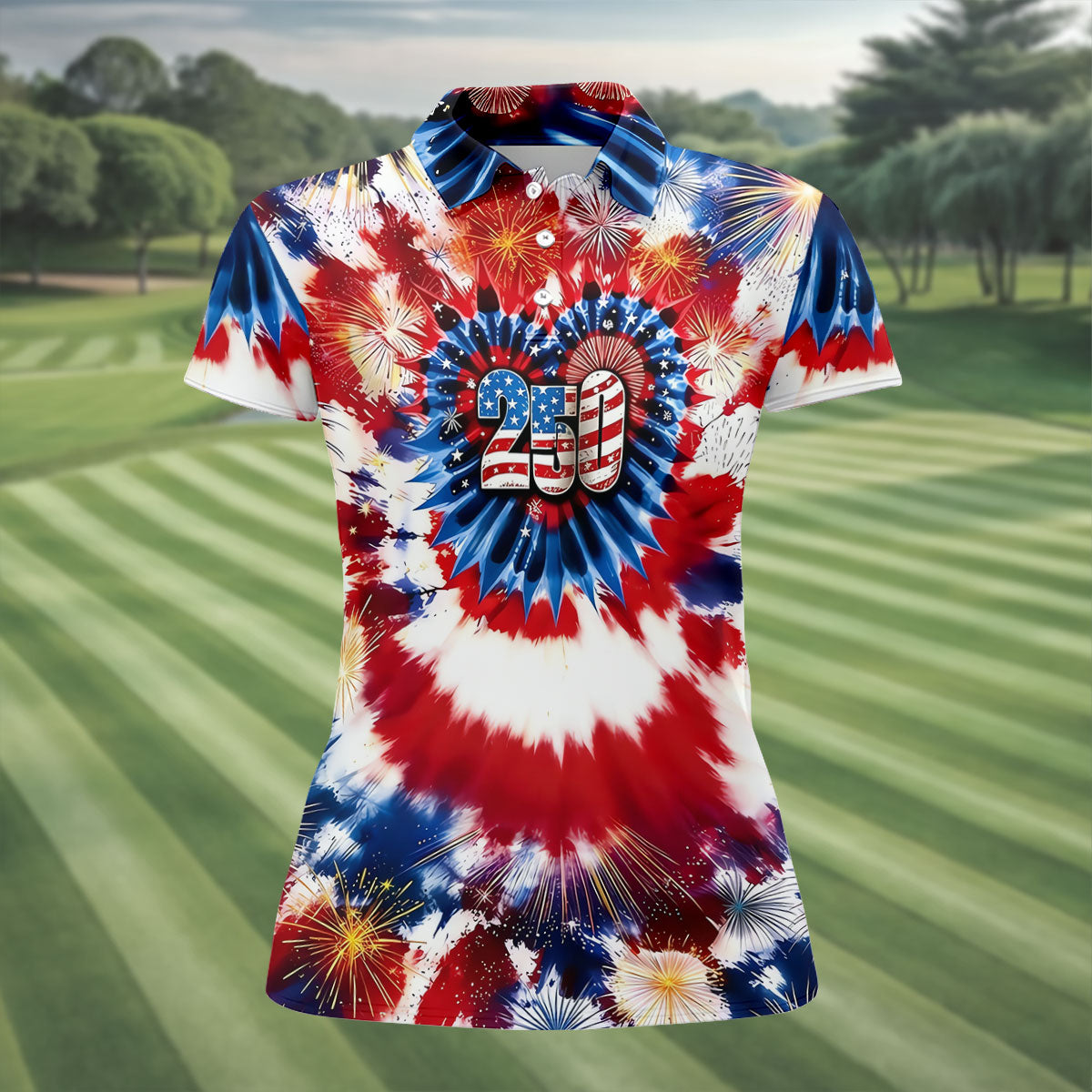 250 Years Red White Blue Tie Dye Print Patriotic Golf Shirt, 4th Of July Golf Shirt For Women