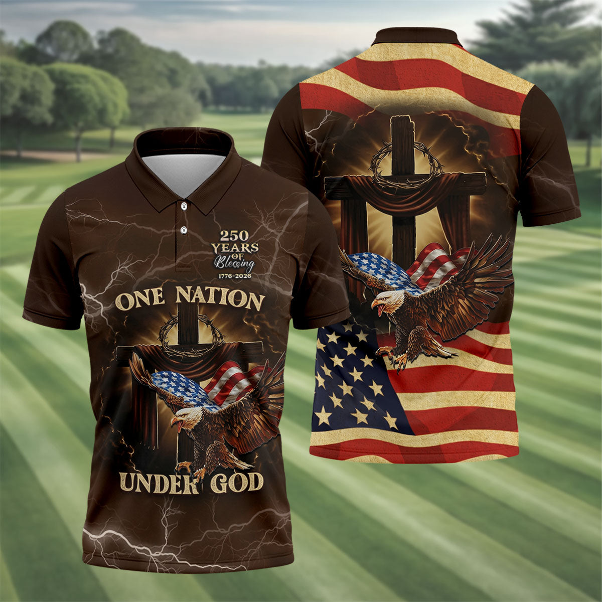 One Nation Under God 250 Years Faith Cross Golf Tops For Men, Patriotic Father's Day Golf Shirt