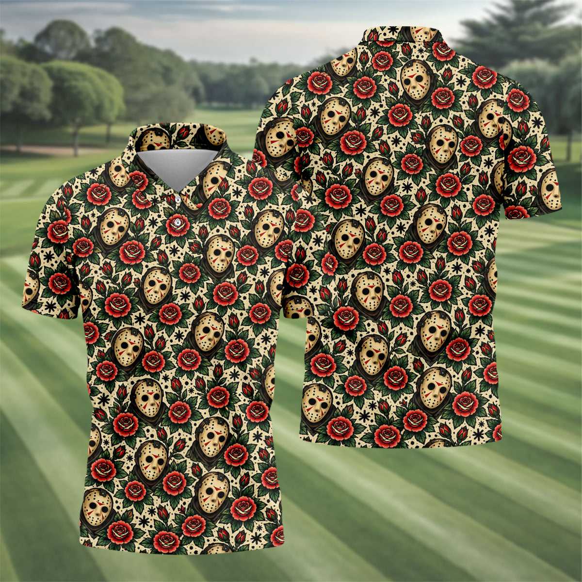 Rose Mask Halloween Horror Character Polo Shirt, Mens Golf Polo, Mens Golf Apparel