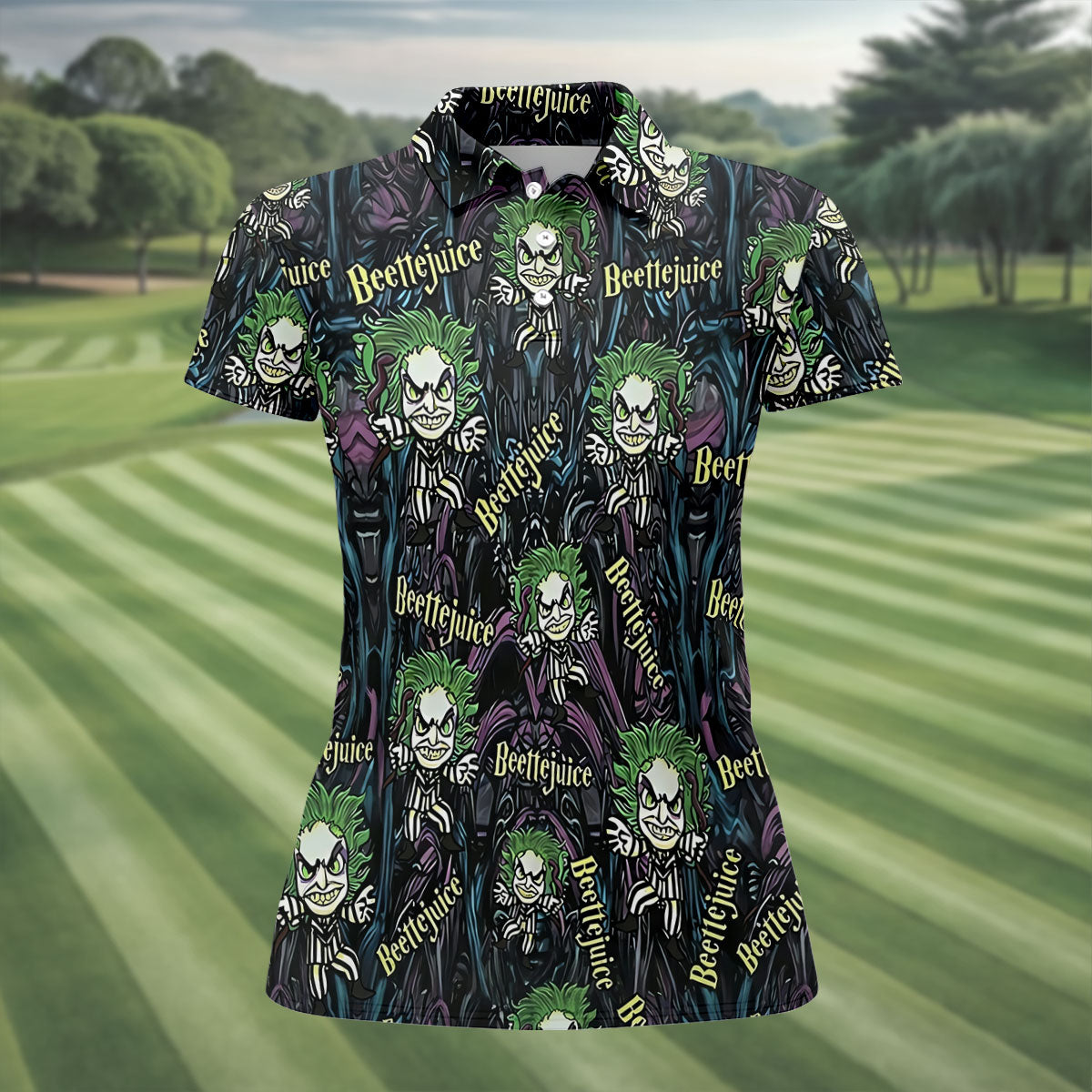 Halloween Horror Character Cartoon Hawaiian Golf Shirt, Women's Golf Polo, Printed Golf Shirt